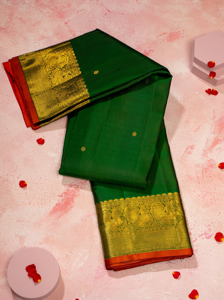 Emerald Green and Gold traditional pure Kanjivaram silk Sari - Clio Silks