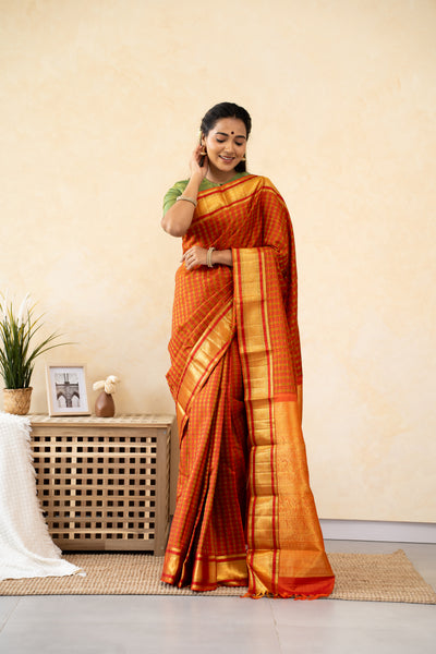 Rust Orange Thread Checks Pure Kanchipuram Silk Saree - Clio Silks