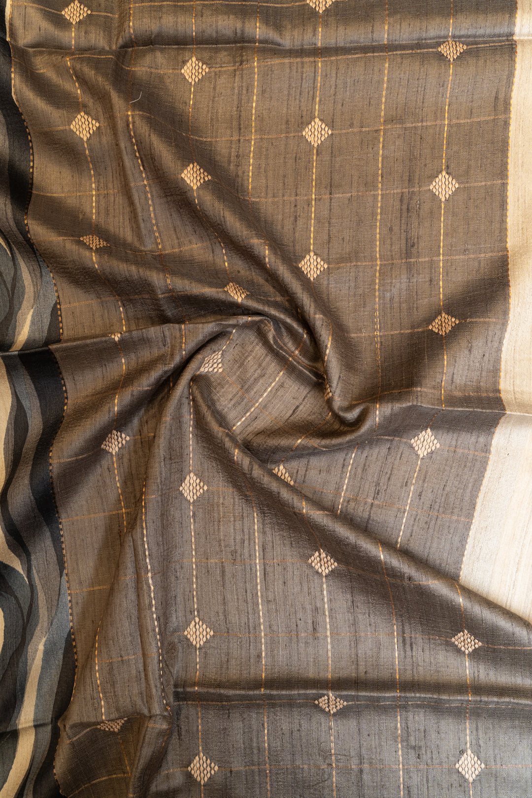 Grey and black serpenti handprinted pure Tussar silk saree