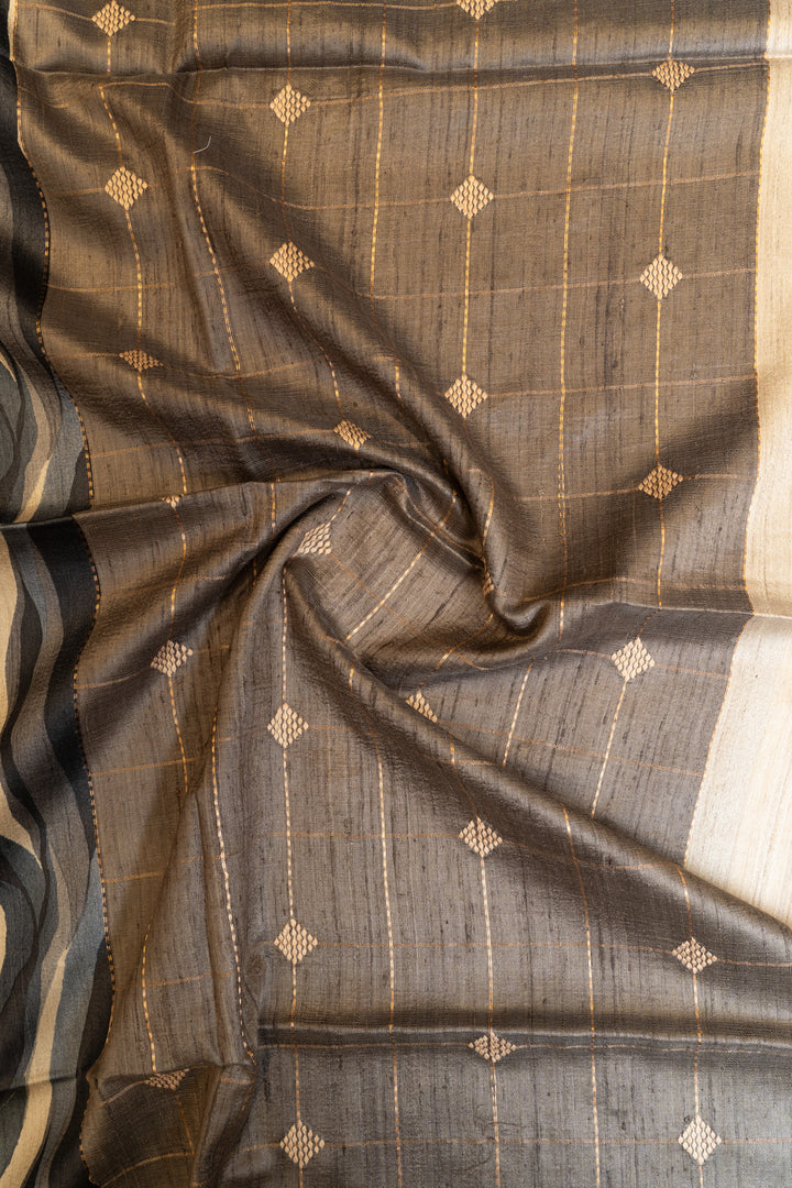 Grey and black serpenti handprinted pure Tussar silk saree