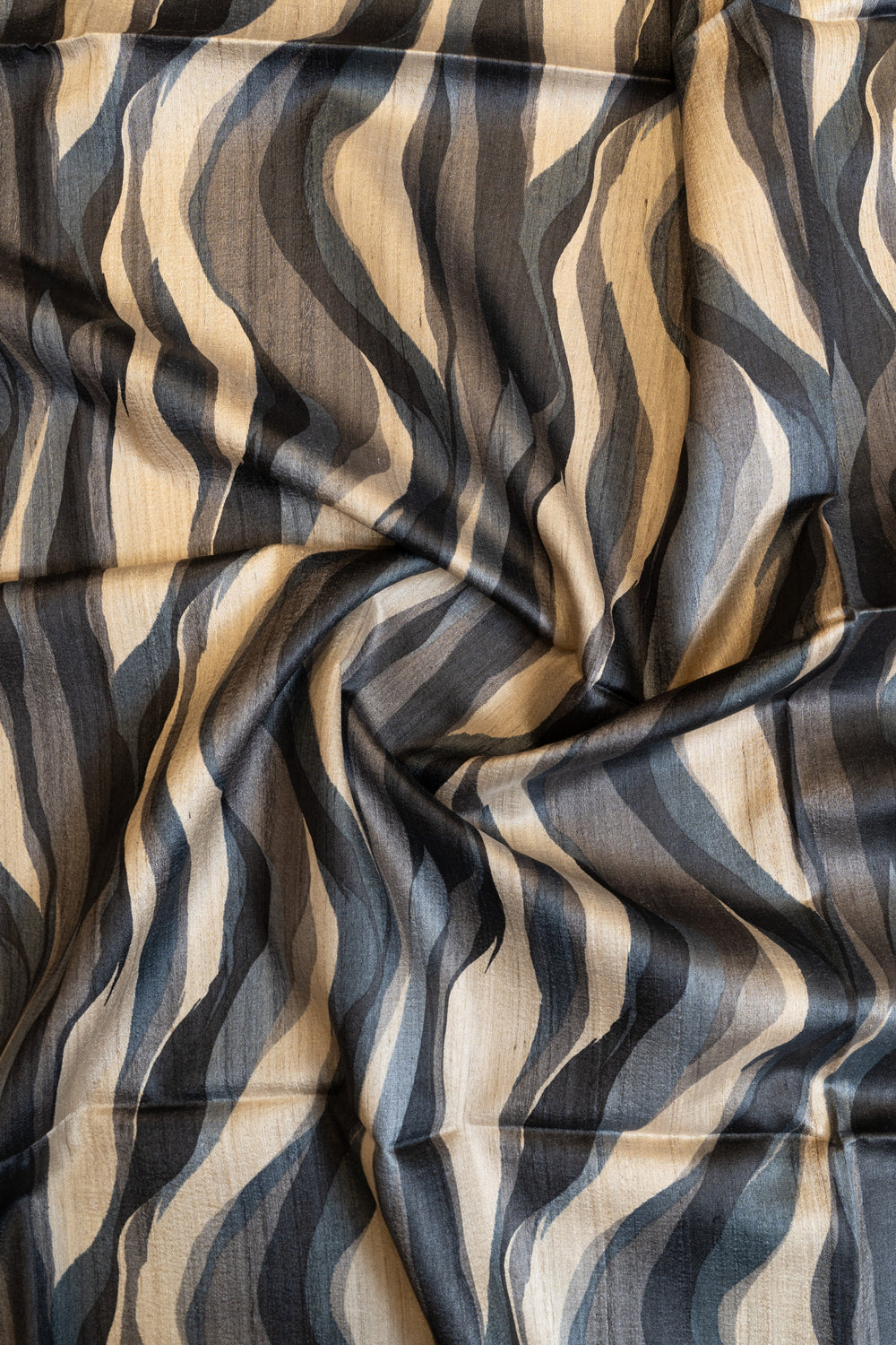 Grey and black serpenti handprinted pure Tussar silk saree