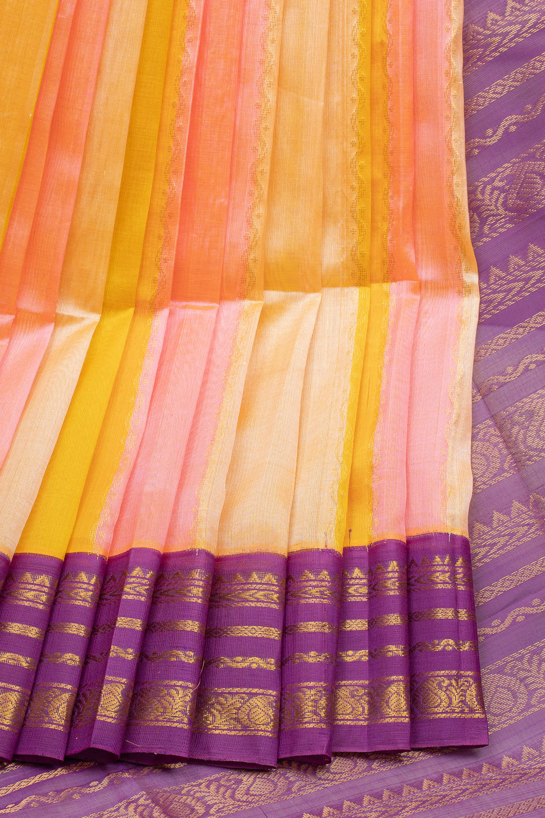 Astel Yellow and Pink Multi Stripes Pure Silk Cotton Saree
