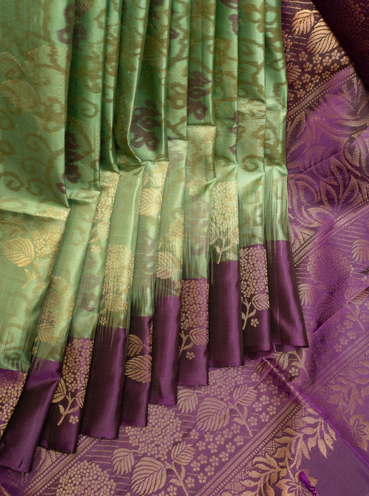 Sage Green and Purple Pure Ikat Silk Saree - Clio Silks