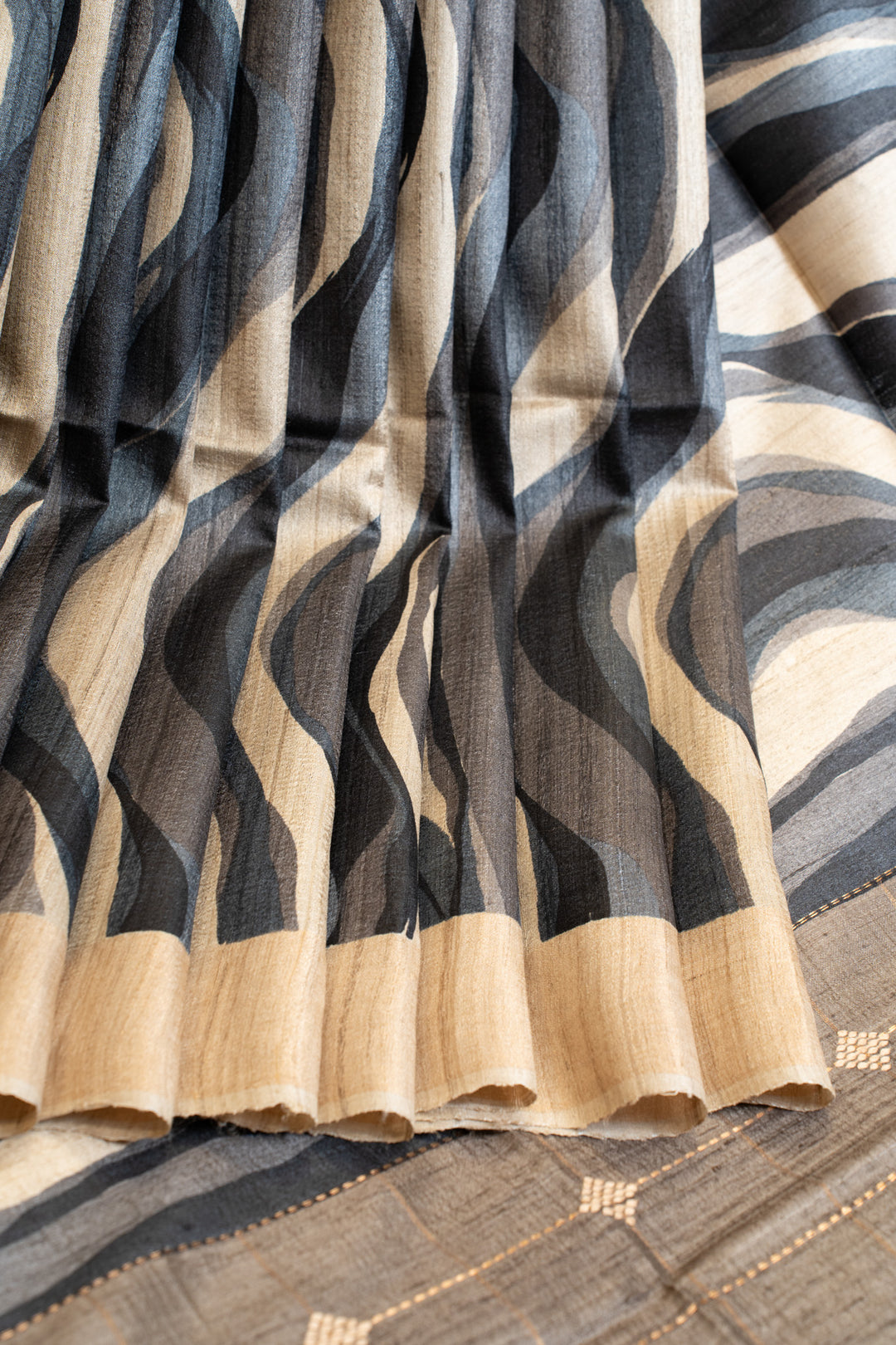 Grey and black serpenti handprinted pure Tussar silk saree