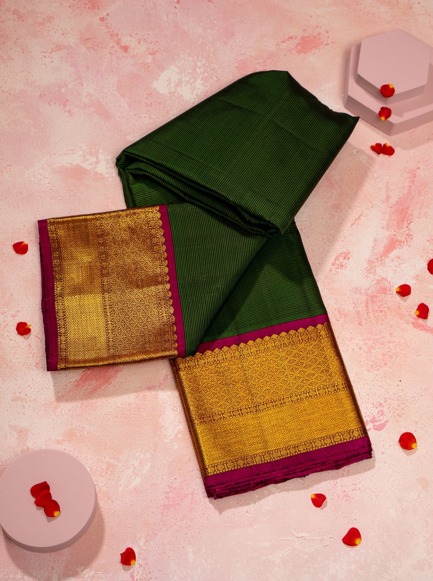 Bottle Green Pattu Stripes Traditional Pure Kanjivaram Silk Sari - Clio Silks