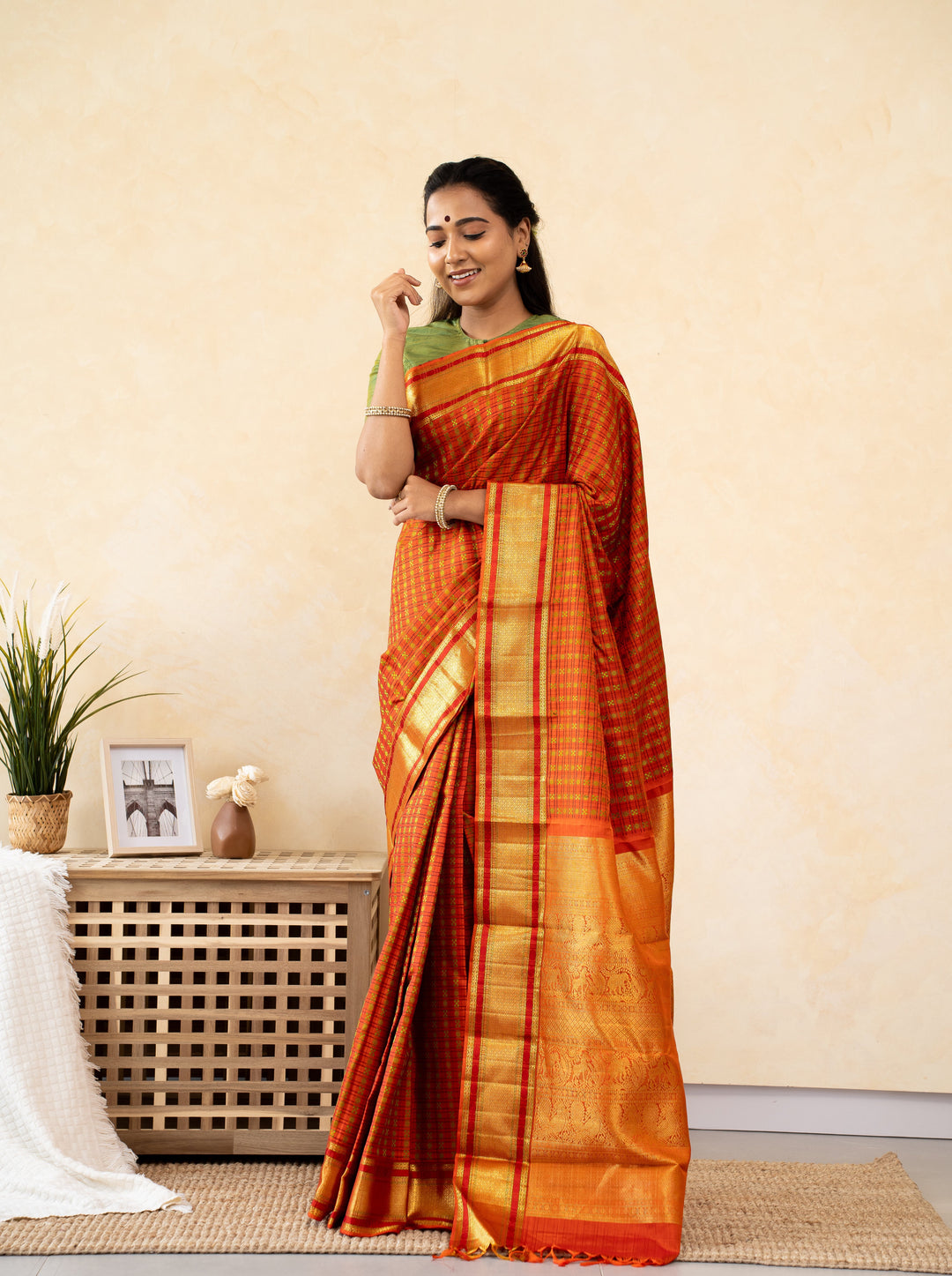 Rust Orange Thread Checks Pure Kanchipuram Silk Saree - Clio Silks