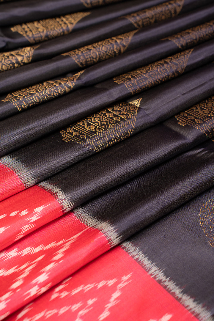 Black and Pink Pure Ikat Silk Saree - Clio Silks
