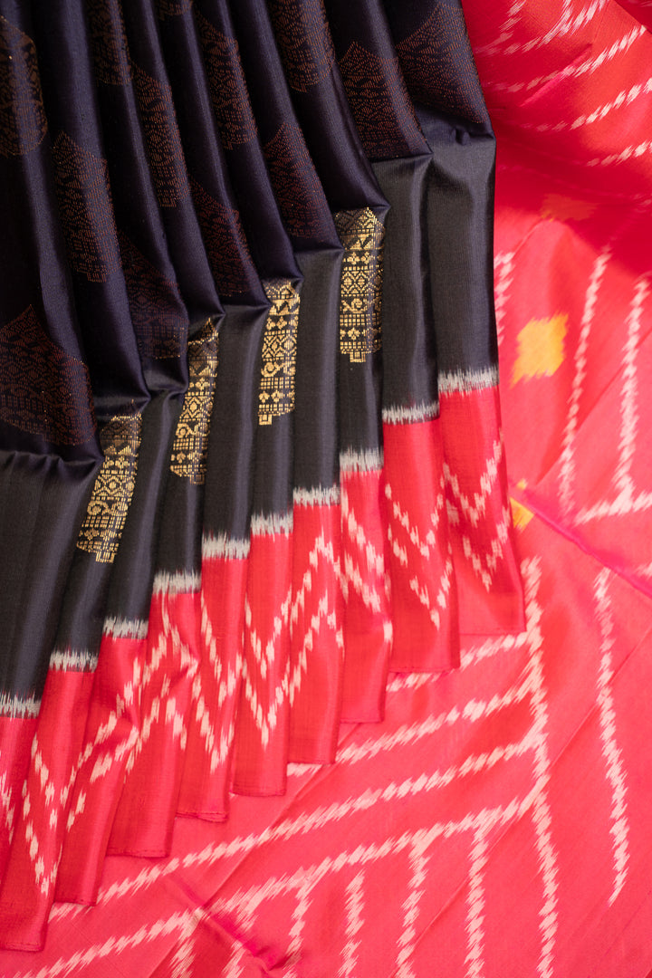 Black and Pink Pure Ikat Silk Saree - Clio Silks