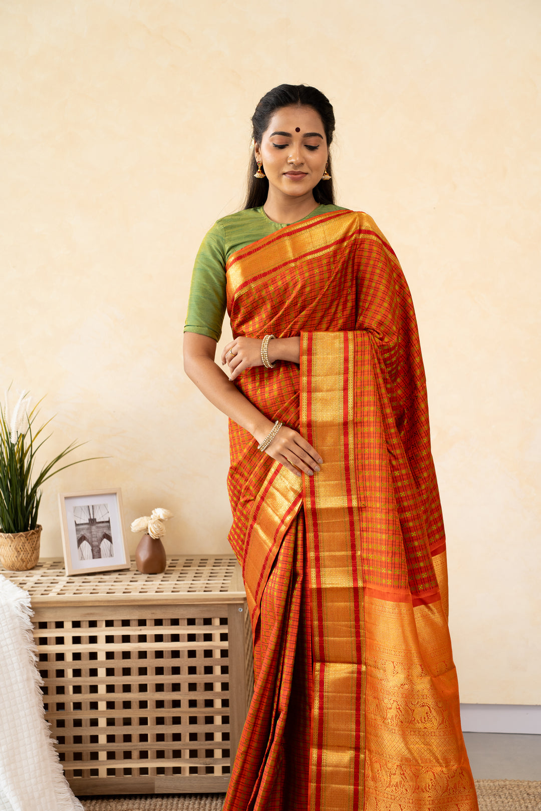 Rust Orange Thread Checks Pure Kanchipuram Silk Saree - Clio Silks
