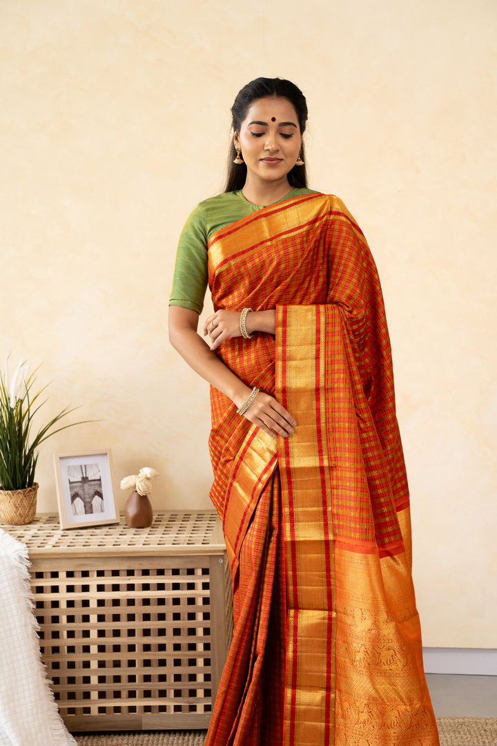 Rust Orange Thread Checks Pure Kanchipuram Silk Saree - Clio Silks