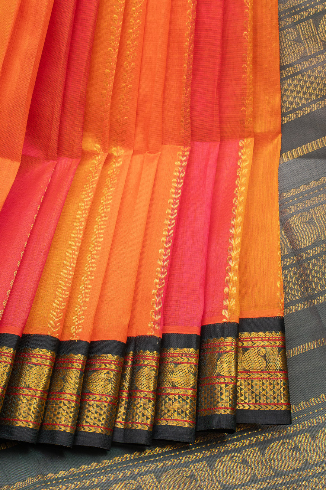 Peach Orange Multi Stripes Pure Silk Cotton Saree