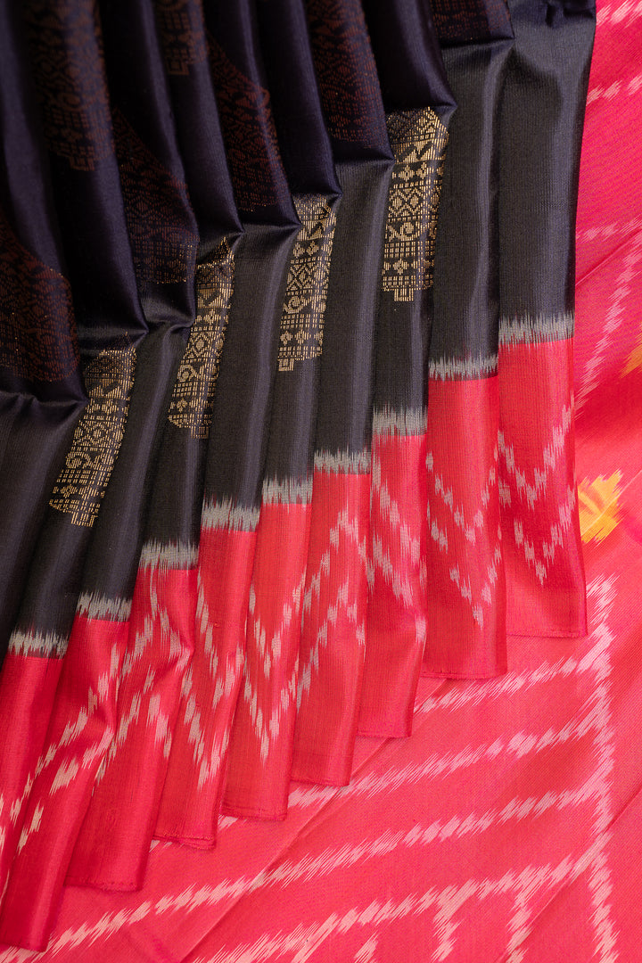 Black and Pink Pure Ikat Silk Saree - Clio Silks