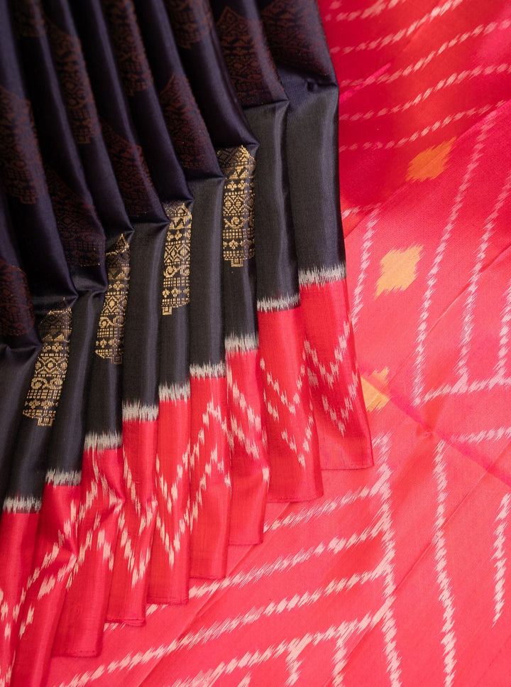 Black and Pink Pure Ikat Silk Saree - Clio Silks
