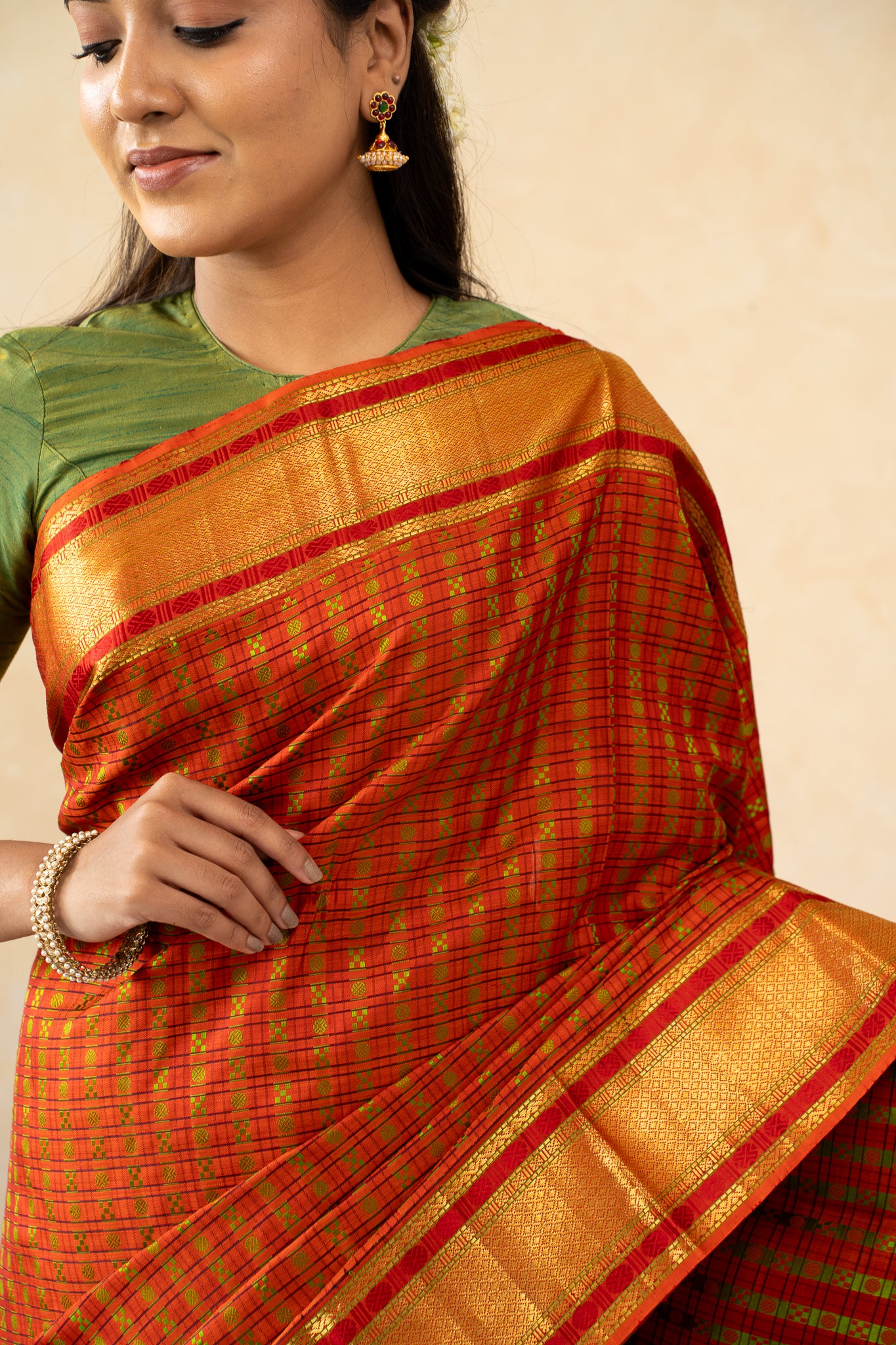 Rust Orange Thread Checks Pure Kanchipuram Silk Saree - Clio Silks