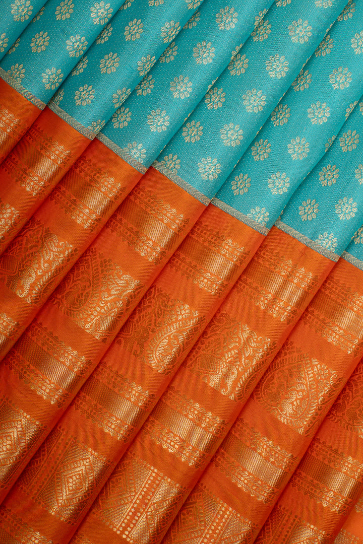 Blue and Orange Lakshadeepam Pure Kanchipuram Silk Saree