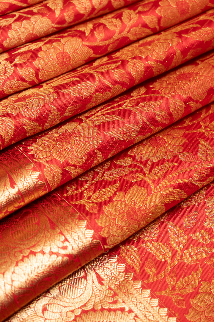 Red Floral Brocade Pure Kanchipuram Silk Saree - Clio Silks
