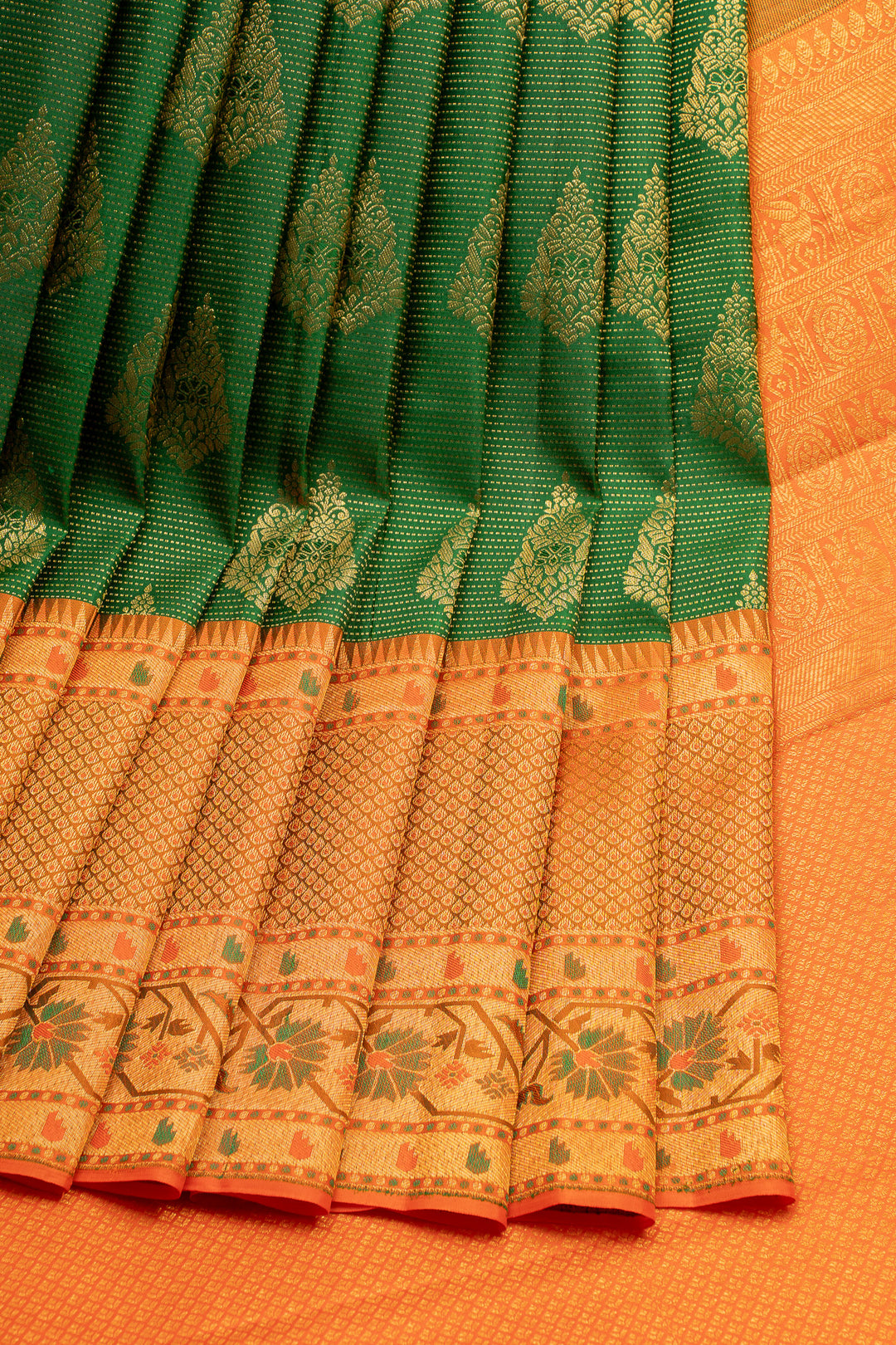 Green and Orange Paithani Border Pure Kanchipuram Silk Saree