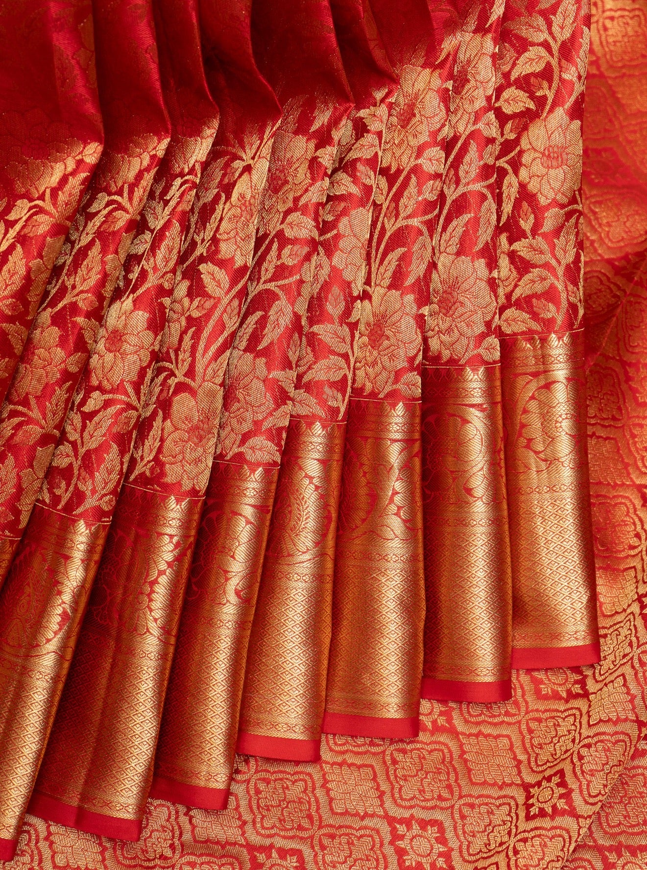 Red Floral Brocade Pure Kanchipuram Silk Saree - Clio Silks