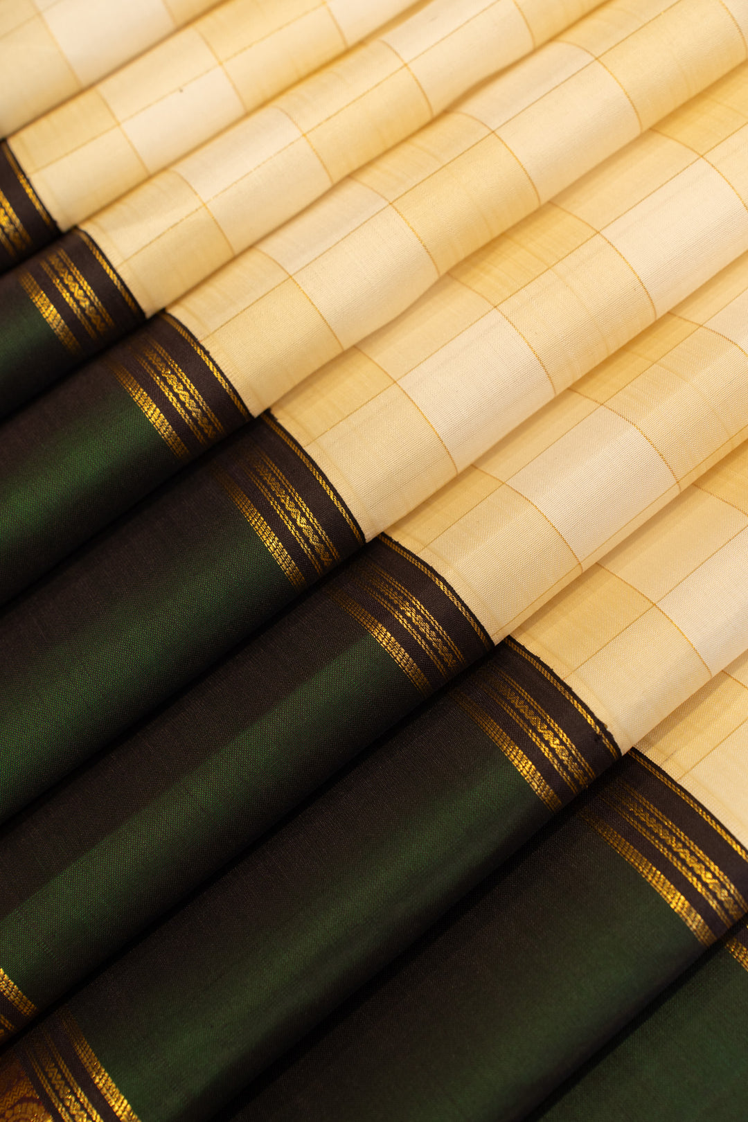 Off white and beige checks pure zari Kanchipuram silk saree
