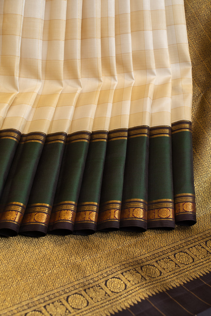 Off white and beige checks pure zari Kanchipuram silk saree