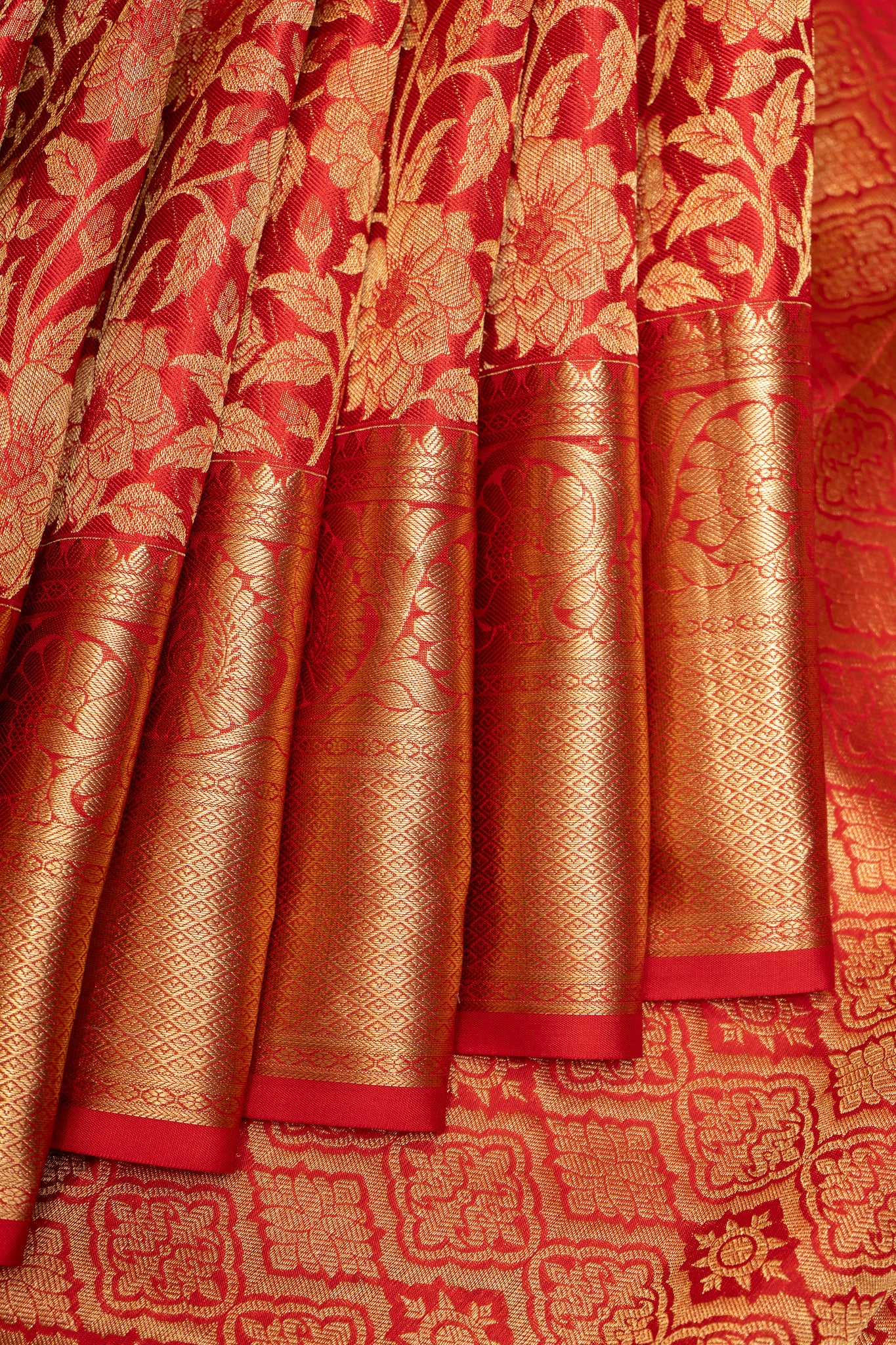 Red Floral Brocade Pure Kanchipuram Silk Saree - Clio Silks