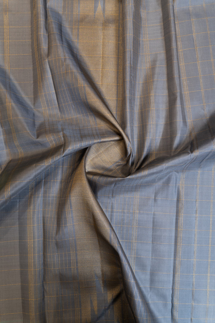 Green and grey multi checks pure zari Kanchipuram silk saree