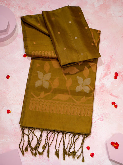Mehendi Green Polka Motifs Borderless Pure Soft Silk Sari - Clio Silks