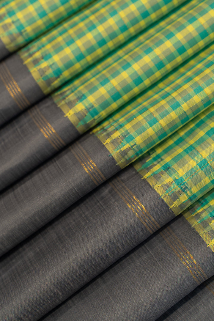 Green and grey multi checks pure zari Kanchipuram silk saree