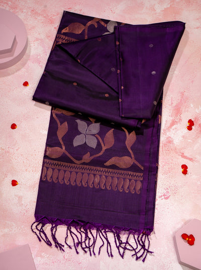 Eggplant Violet Polka Motifs Borderless Pure Soft Silk Sari - Clio Silks