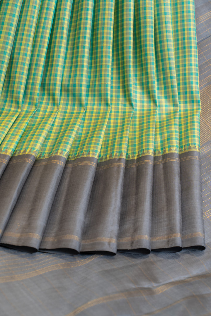 Green and grey multi checks pure zari Kanchipuram silk saree