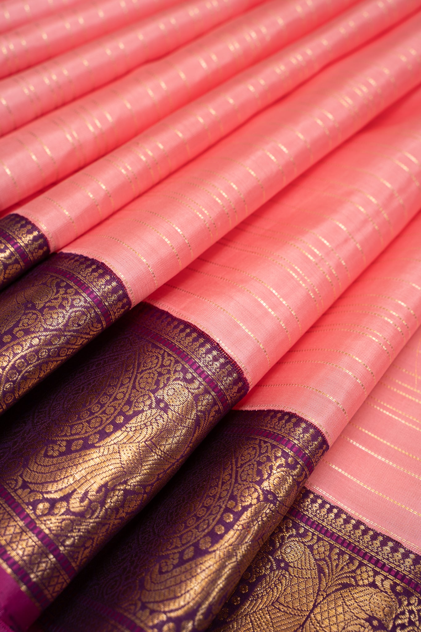 Flamingo Pink Veldhari Stripes Pure Kanchipuram Silk Saree - Clio Silks