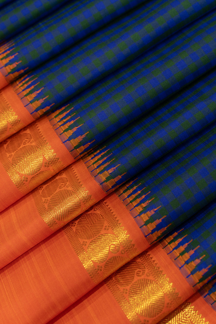 Peacock blue and peach pure zari Kanchipuram silk saree