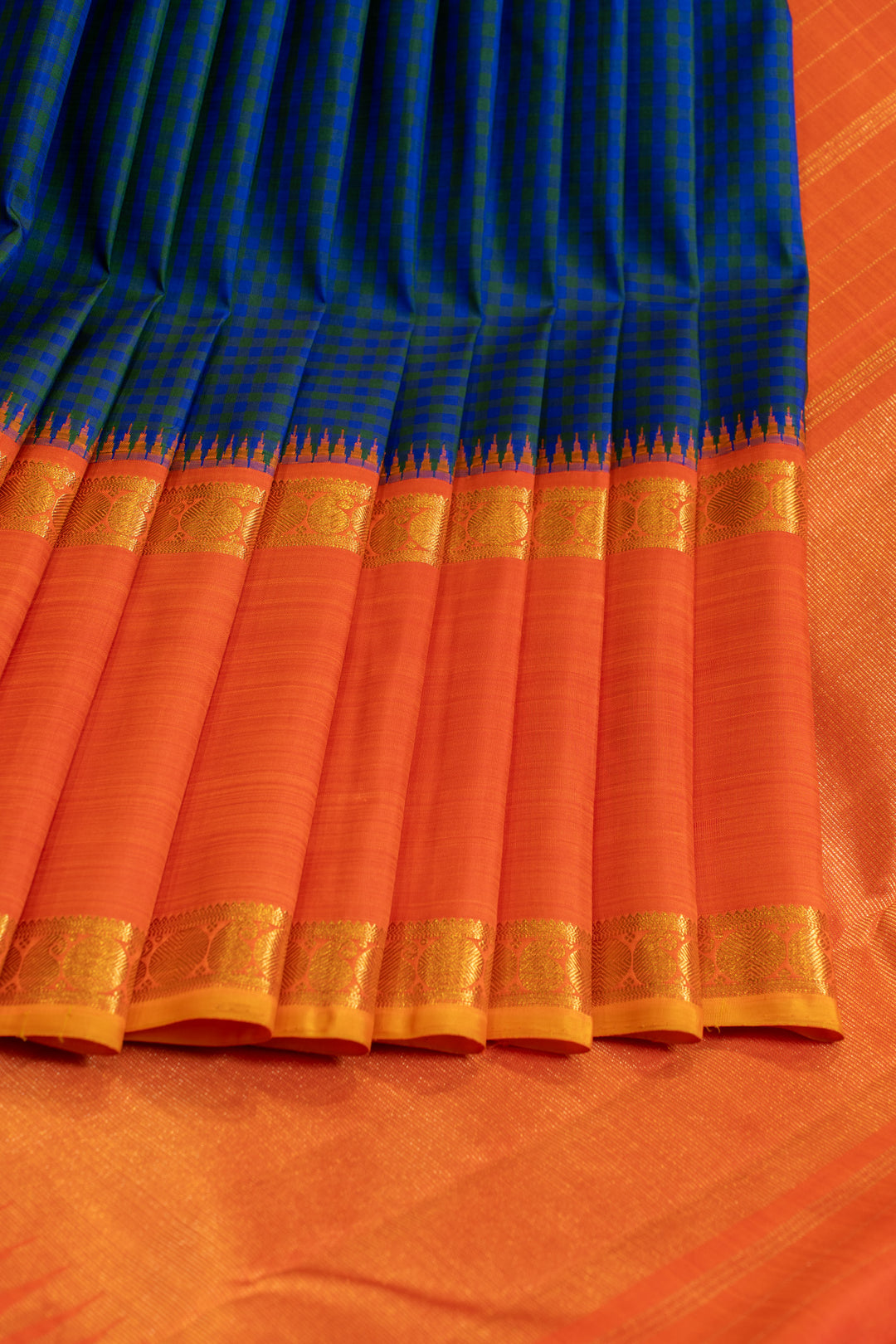 Peacock blue and peach pure zari Kanchipuram silk saree