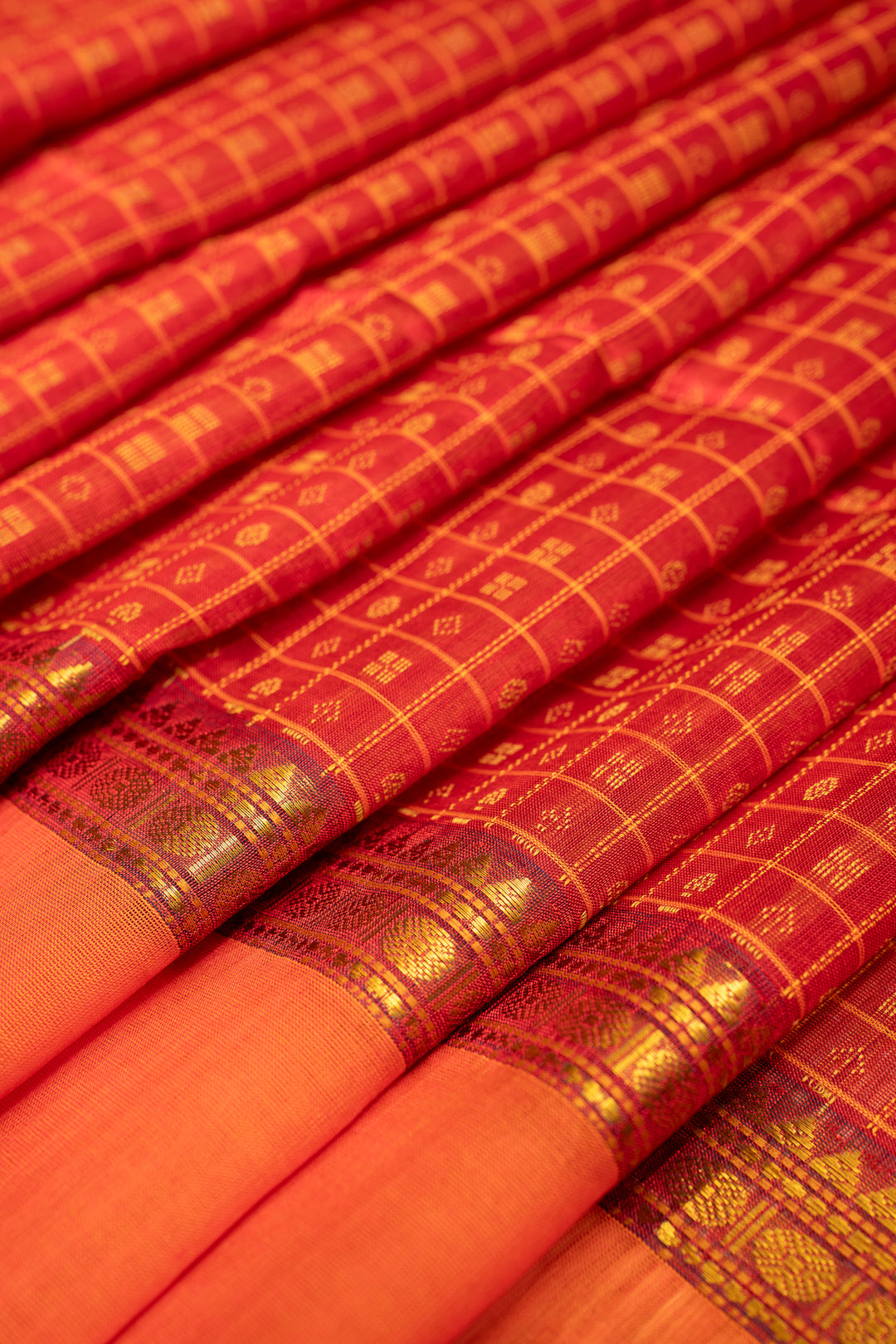 Red and Mustard Pure Silk Cotton Saree - Clio Silks