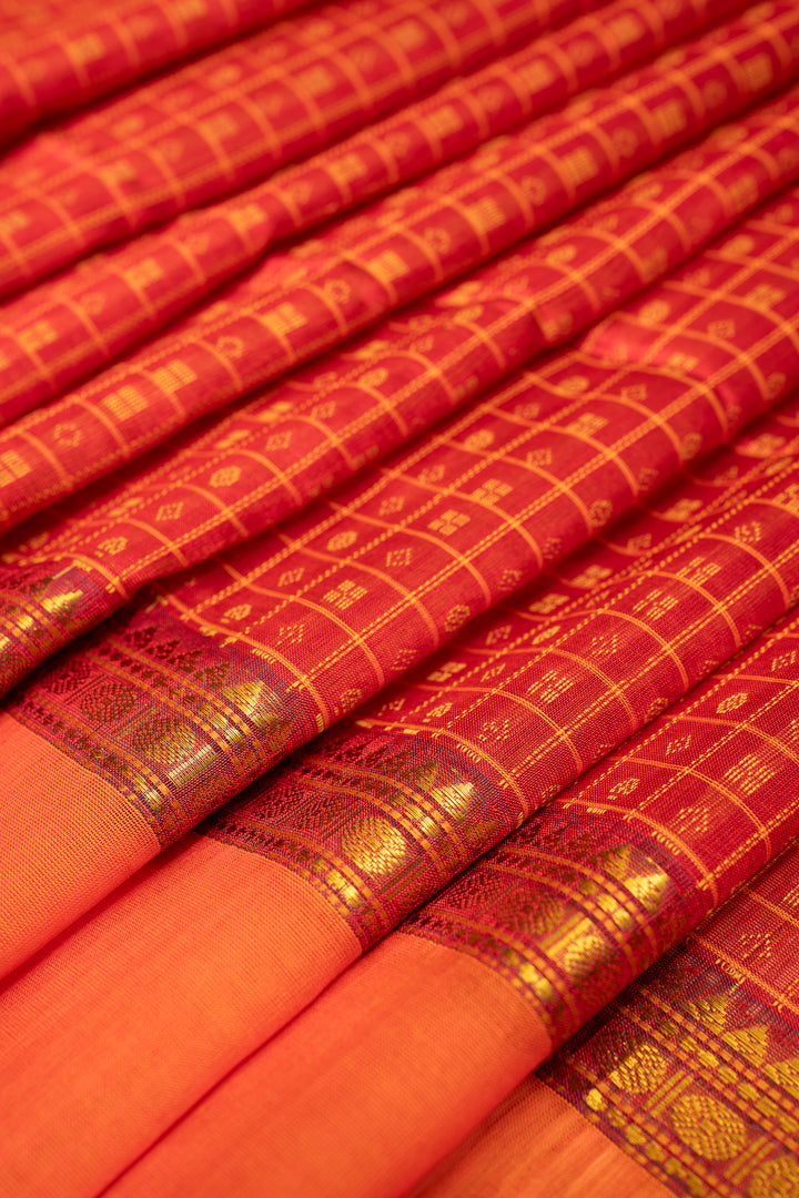 Red and Mustard Pure Silk Cotton Saree - Clio Silks