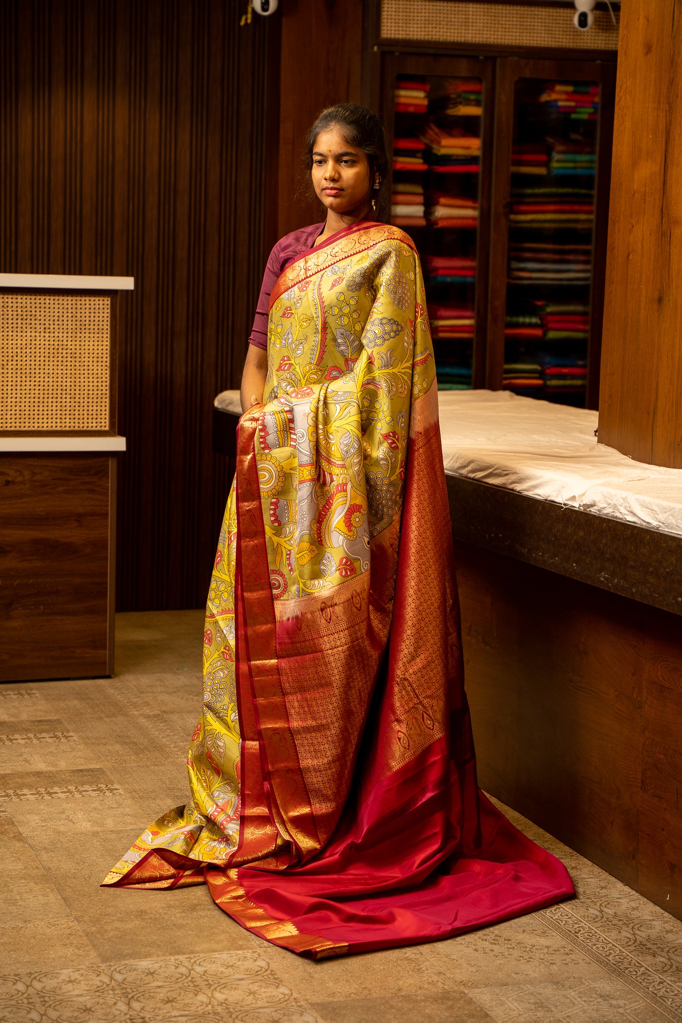 Green Kalamkari Printed Pure Kanchipuram Silk Sari - Clio Silks