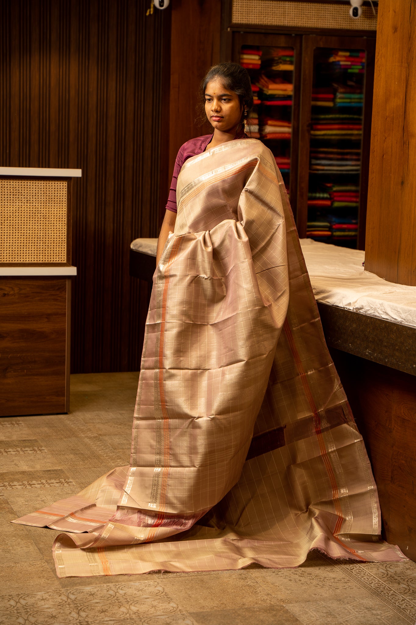 Mauve Gold Zari Checks Rettai Pettu Pure Kanchipuram Silk Saree - Clio Silks
