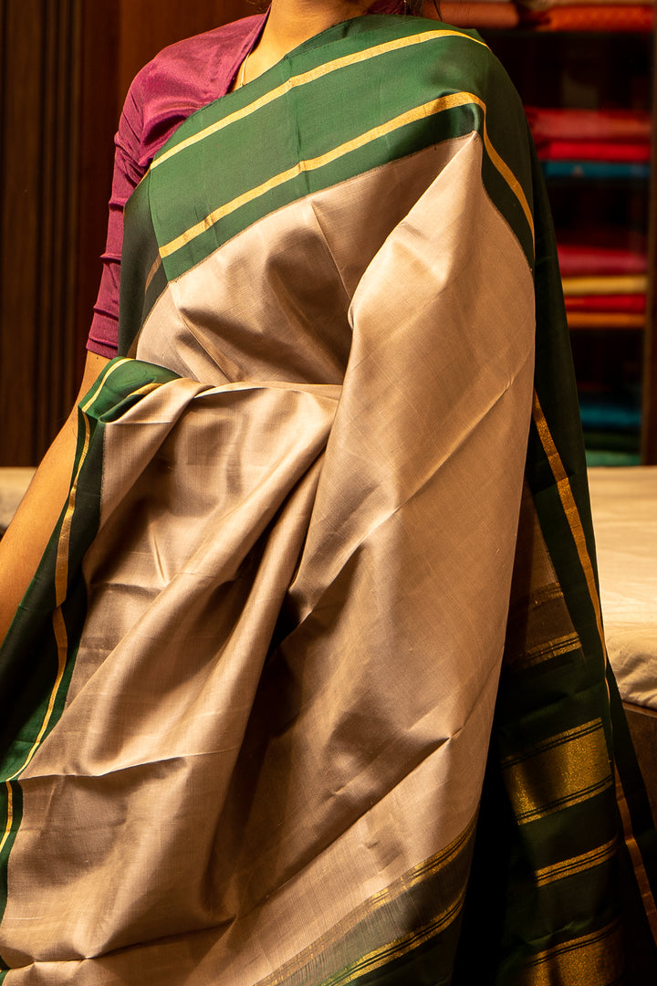 Grey and Green Pure Kanjivaram Silk Sari - Clio Silks