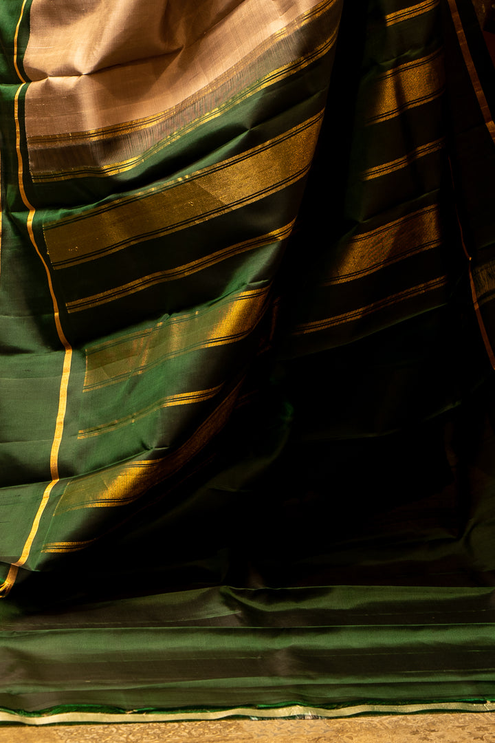 Grey and Green Pure Kanjivaram Silk Sari - Clio Silks