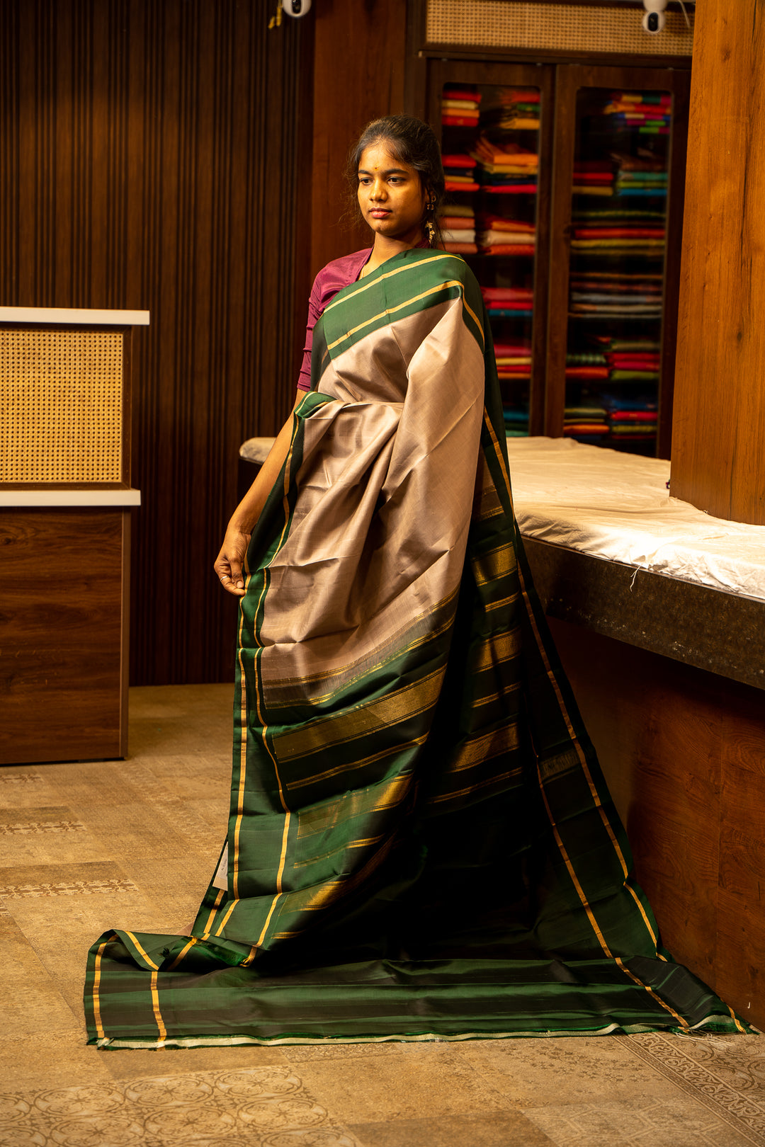 Grey and Green Pure Kanjivaram Silk Sari - Clio Silks