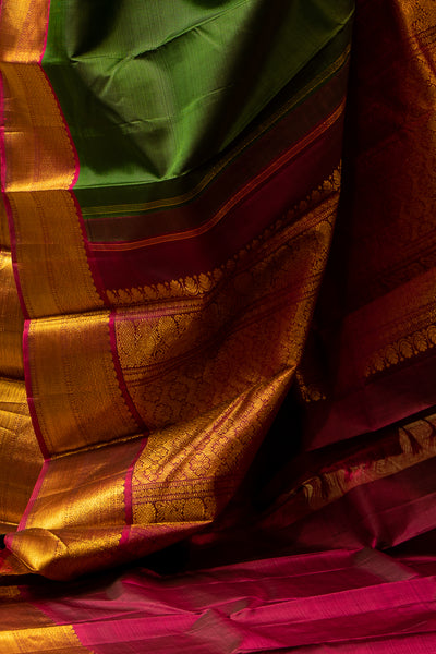 Bottle Green Pattu Stripes Traditional Pure Kanjivaram Silk Sari - Clio Silks