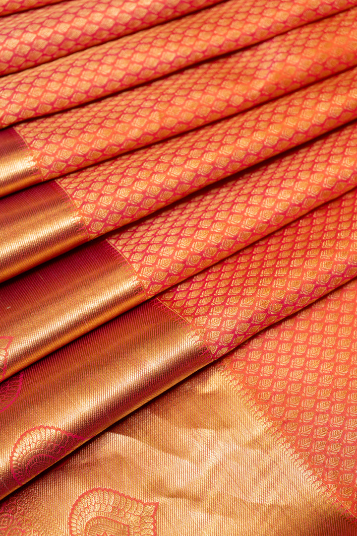 Peach Orange Brocade Pure Kanchipuram Silk Saree - Clio Silks