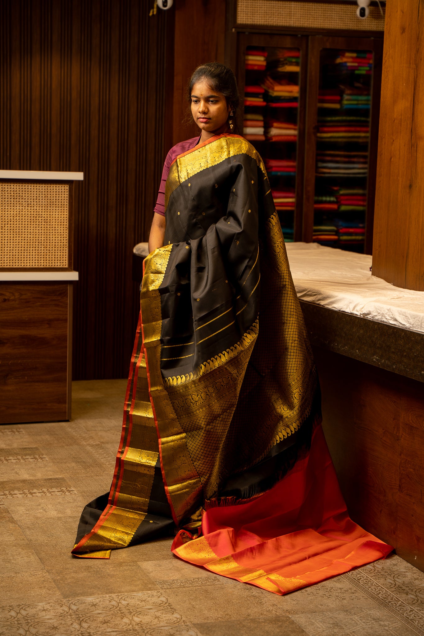 Black and Gold Traditional Pure kanjivaram silk sari - Clio Silks