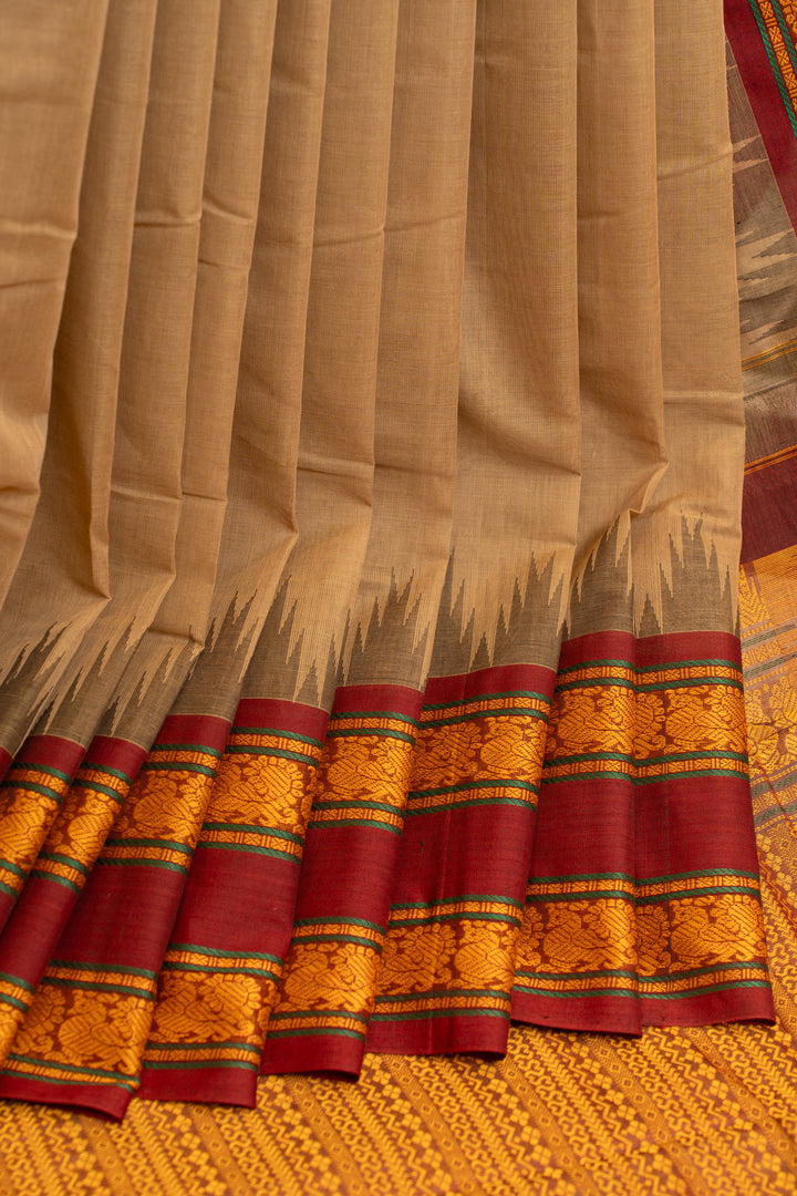 Beige and maroon pure korvai cotton saree