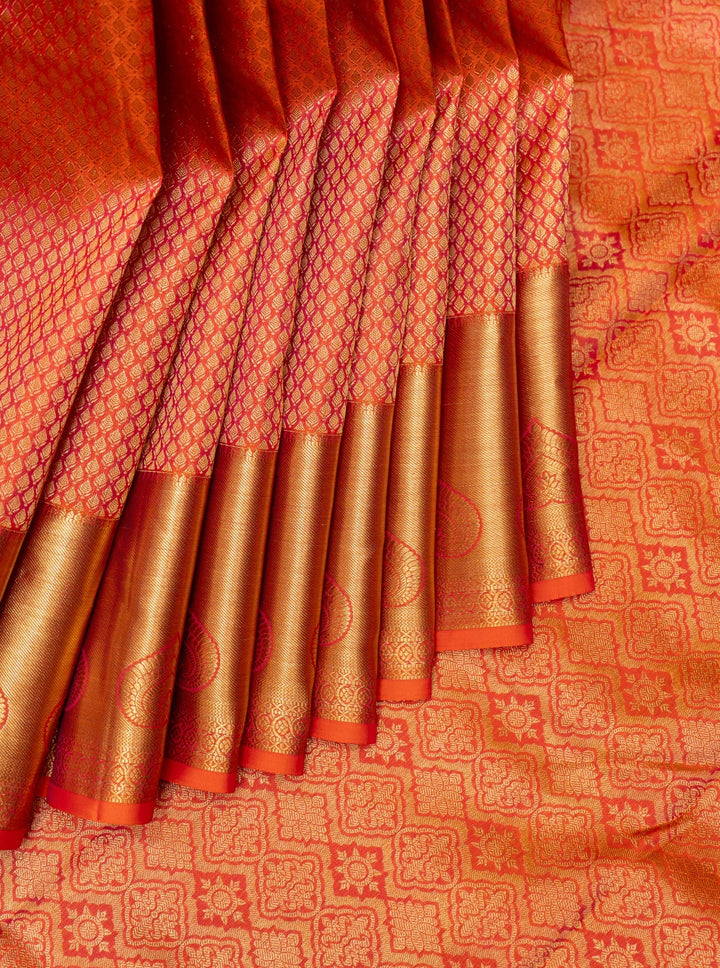 Peach Orange Brocade Pure Kanchipuram Silk Saree - Clio Silks