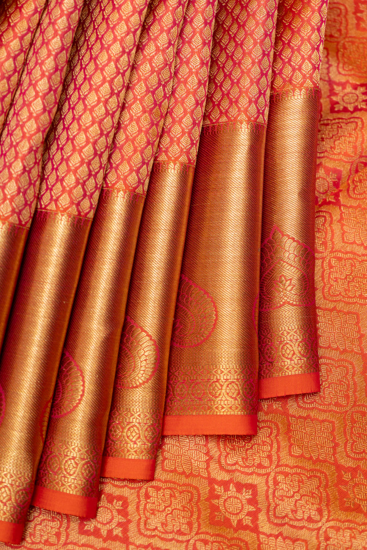 Peach Orange Brocade Pure Kanchipuram Silk Saree - Clio Silks