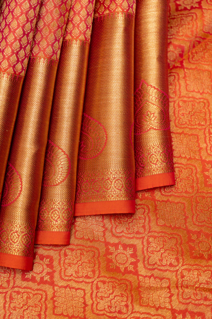 Peach Orange Brocade Pure Kanchipuram Silk Saree - Clio Silks