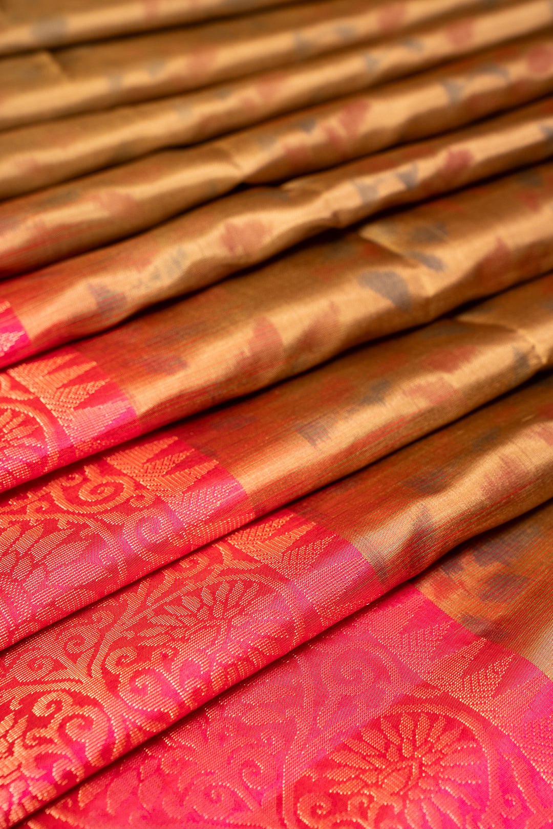 Khaki Beige and Peach Pure Ikat Silk Saree - Clio Silks