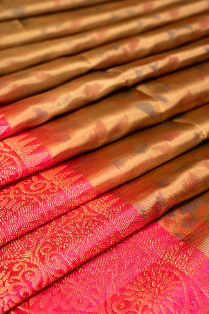 Khaki Beige and Peach Pure Ikat Silk Saree - Clio Silks