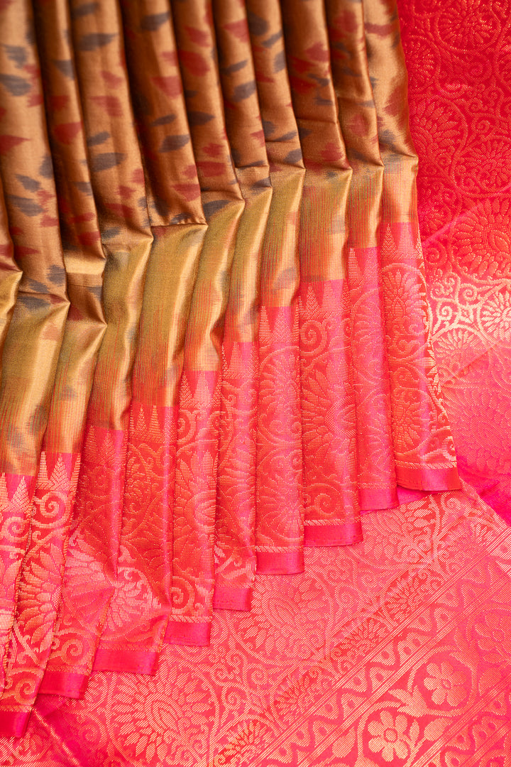 Khaki Beige and Peach Pure Ikat Silk Saree - Clio Silks